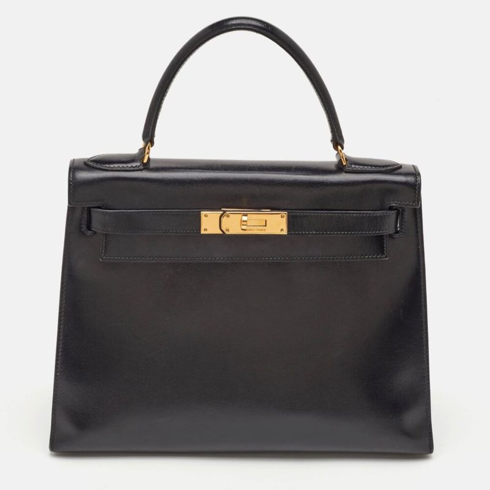 Hermes Kelly Sellier 28 Gold Finish Noir Box Leather Top Handle Bag